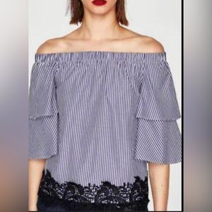 Zara Basic off shoulder blue striped top with ruffled sleeves